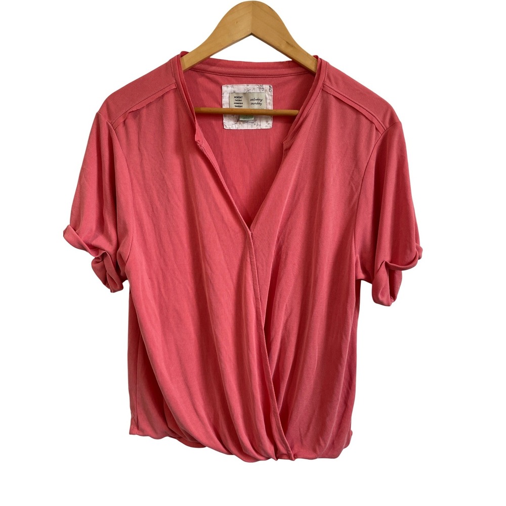 Saturday Sunday Anthropologie Ribbed Surplice Wrap Top‎ Pink Small Short Sleeve